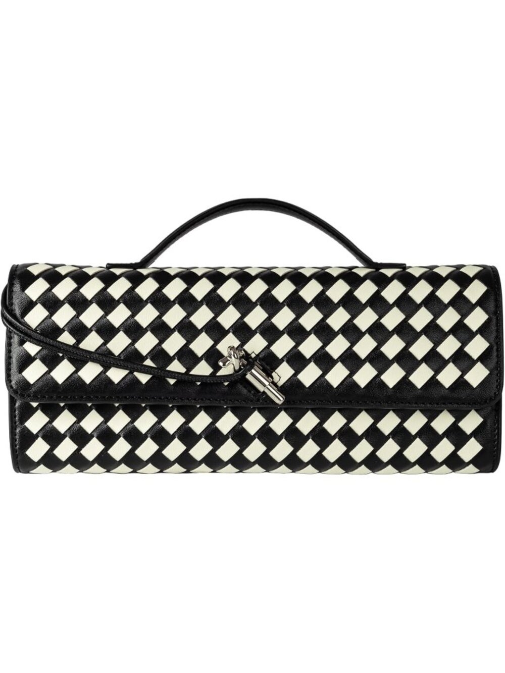 Women Black White Woven Vegan Leather Clutch Purse Formal Evening Crossbody Bag